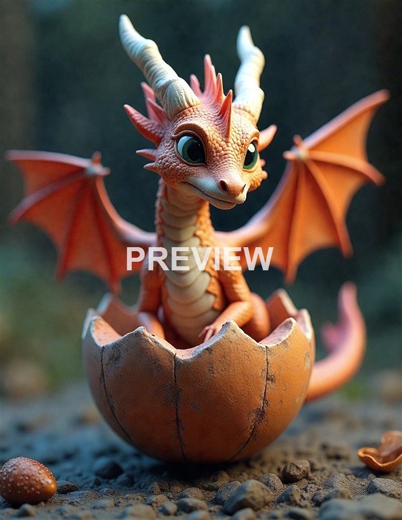 A cute, animated baby dragon with large green eyes, orange scales, and tiny wings, sitting inside a cracked eggshell on a gravel surface.